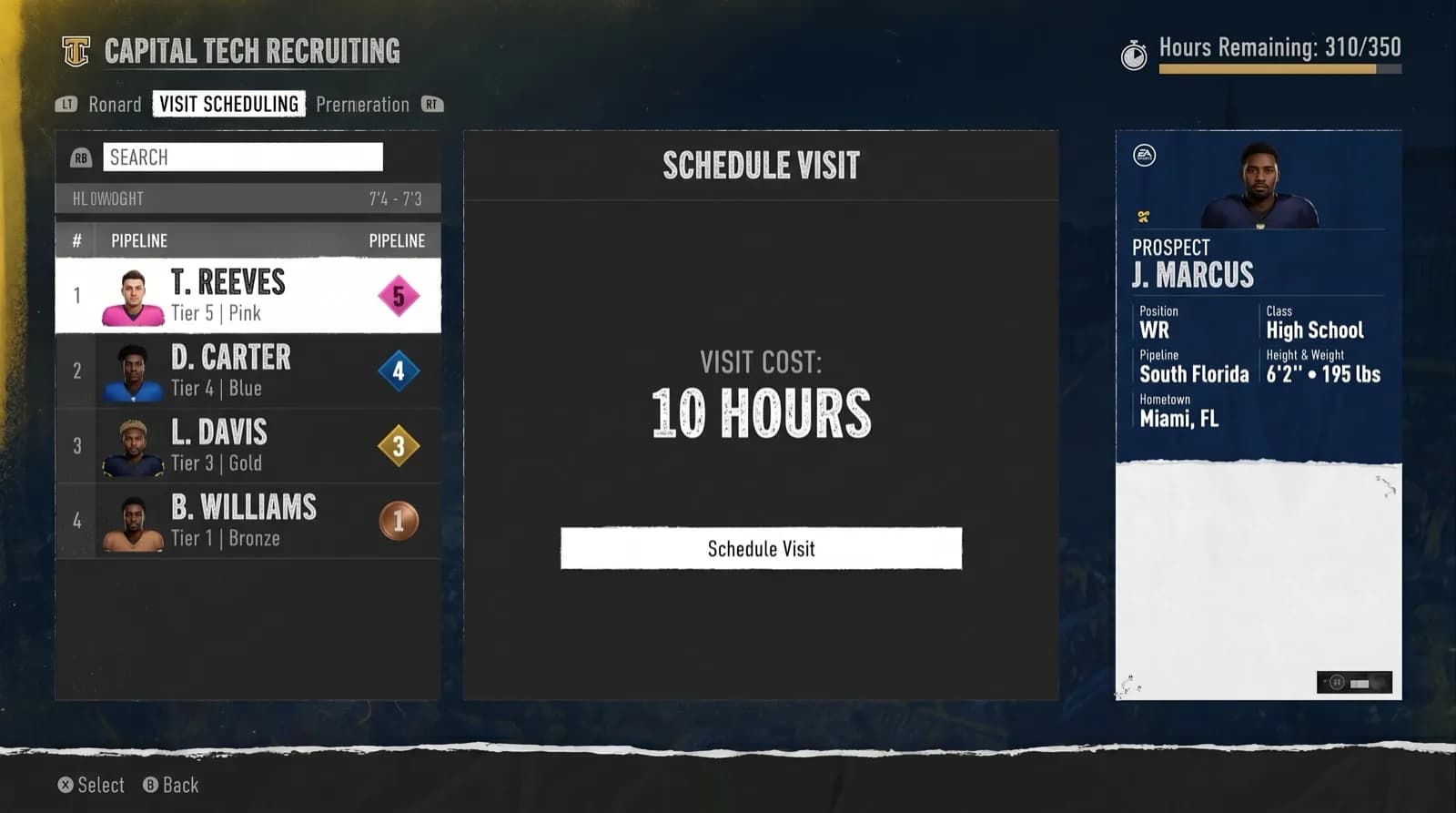 CFB 26 visit scheduling screen showing a 10-hour visit cost for a local in-pipeline recruit, with weekly hours remaining counter
