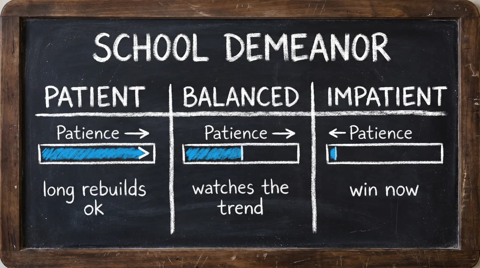 Chalkboard comparison of CFB 27 School Demeanor types - Patient, Balanced, and Impatient - with patience meters from full to nearly empty.