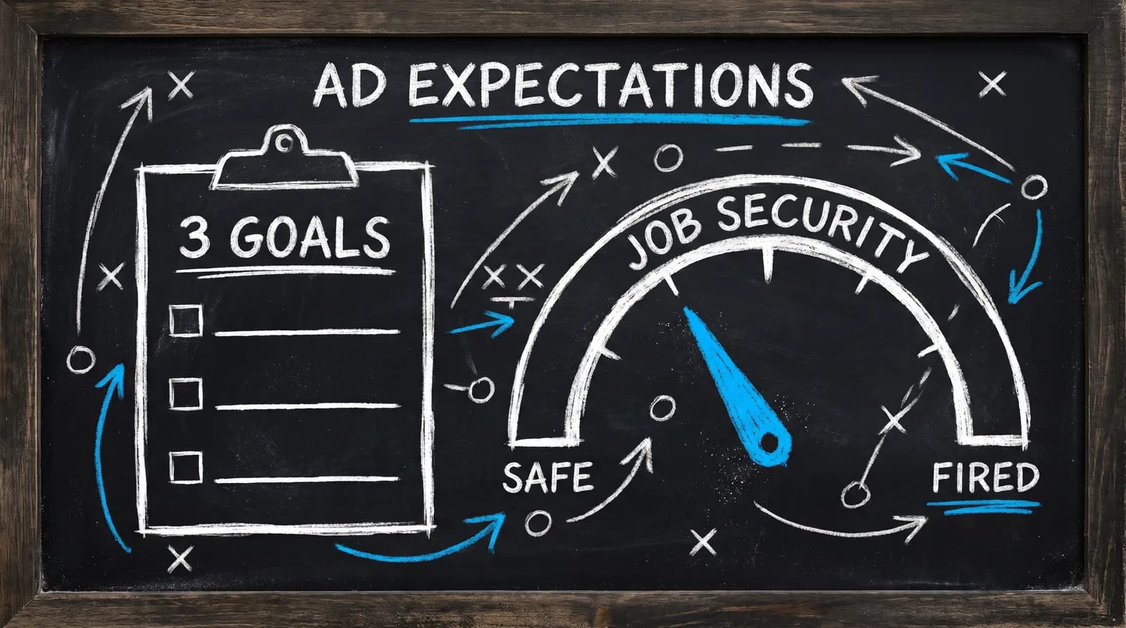 Chalkboard diagram of CFB 27 AD Expectations: a clipboard with three goals beside a job-security gauge running from safe to fired.