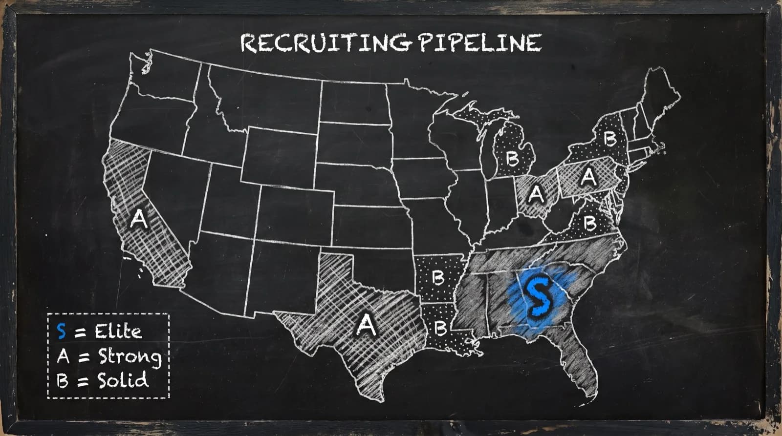 Chalkboard US map of CFB 27 recruiting pipelines ranked by tier, Metro Atlanta as the brightest S-tier hotspot
