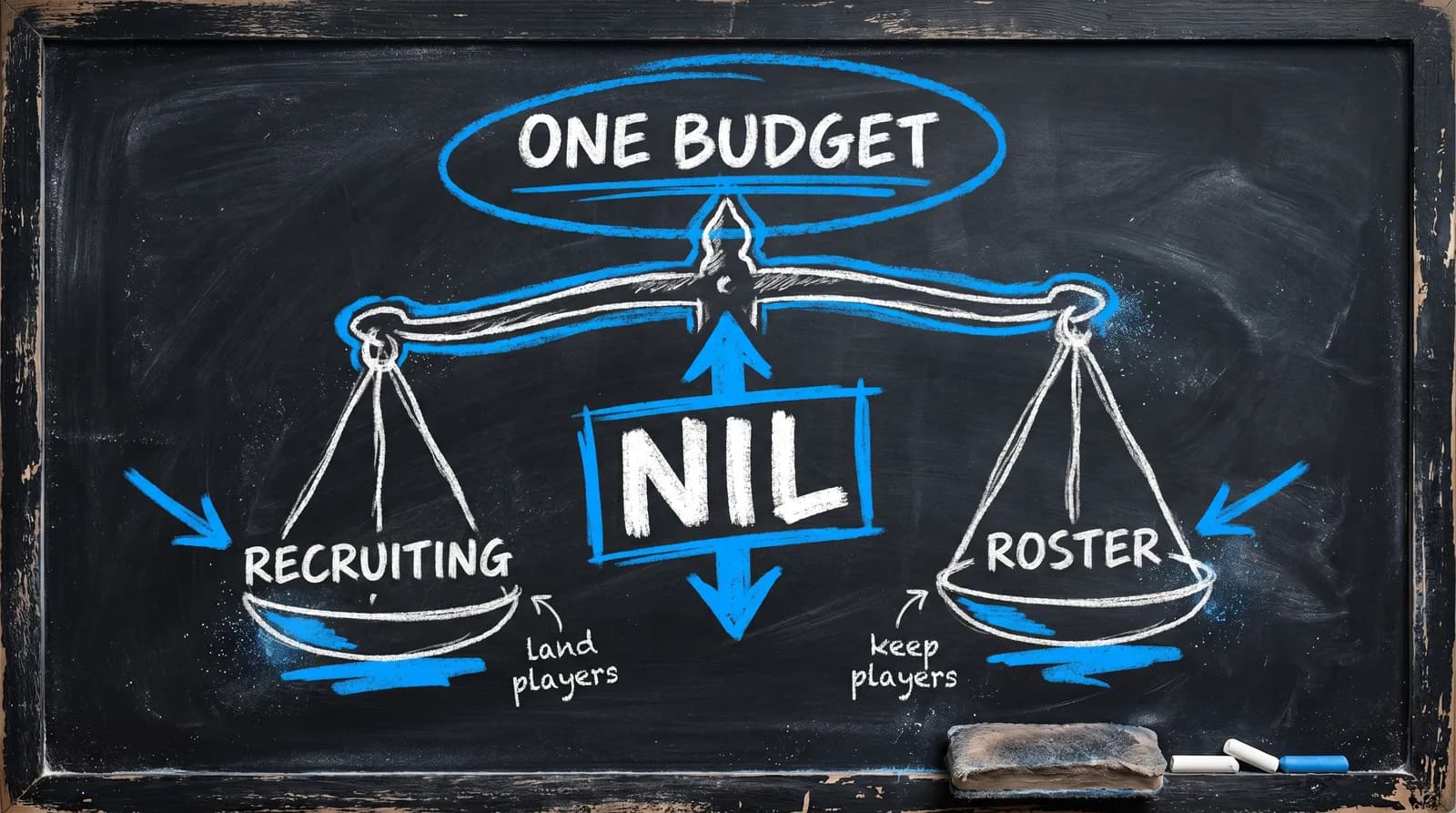 Chalkboard balance scale labeled NIL, weighing recruiting (land players) against roster (keep players), both hanging from one budget.
