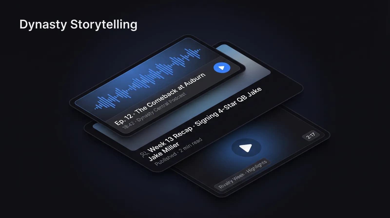 Podcast player, article preview, and highlight reel thumbnail stacked in an isometric fan