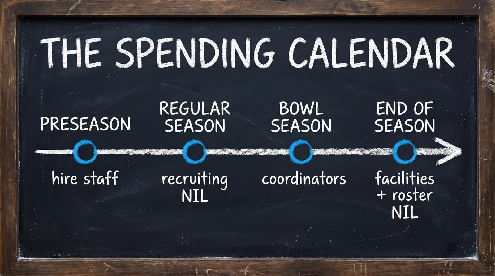 Chalkboard timeline of the CFB 27 Dynasty Points spending calendar across preseason, regular season, bowl season, and end of season.